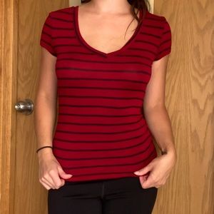 Red striped V-neck shirt